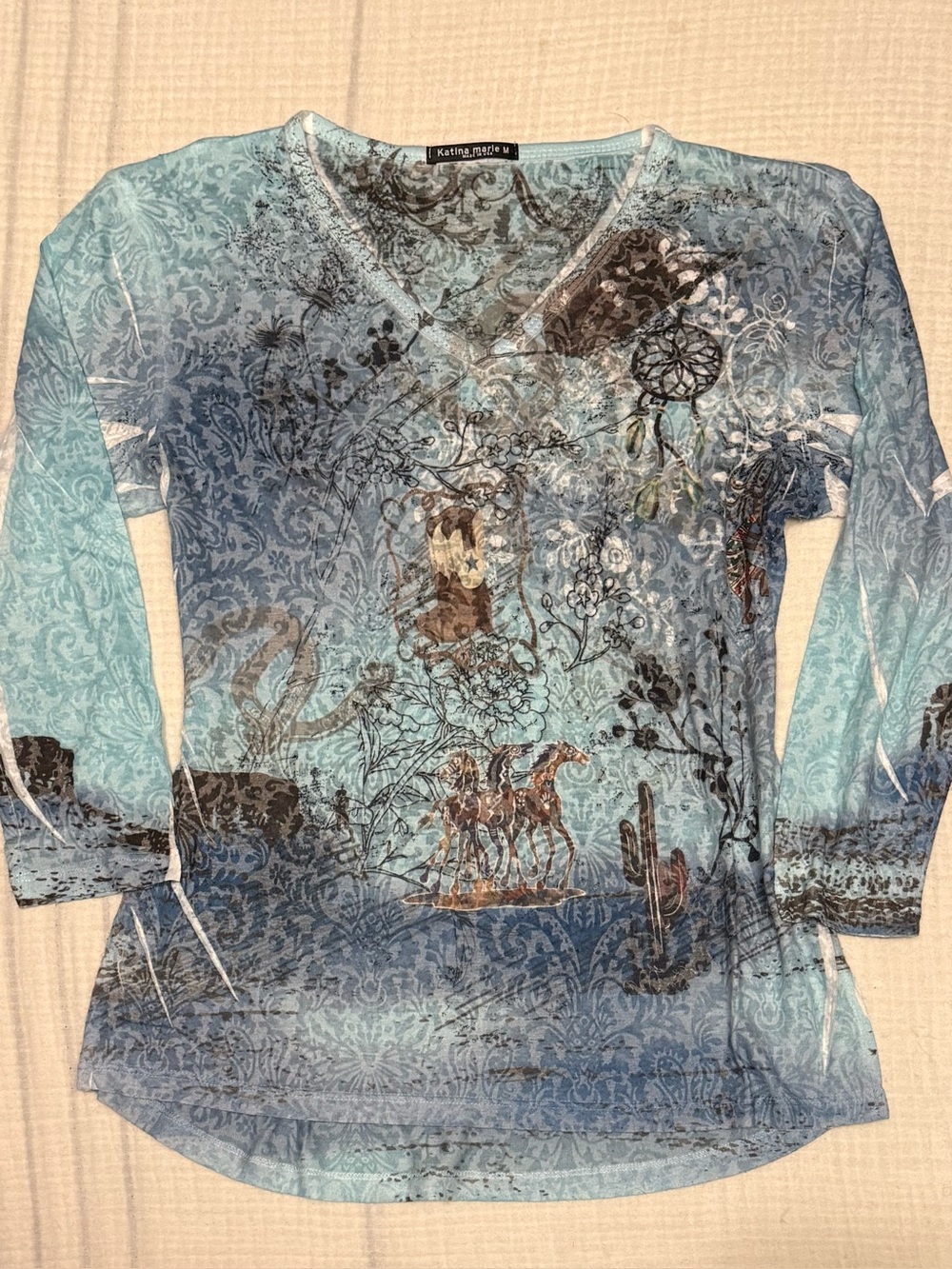 Katina Marie Y2K  Cowgirl Rodeo All Over Print Burnout Blue Multi Top Size M